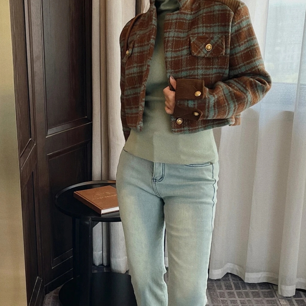 Plaid Tweed Jackets Coat Woman Clothing - Picture 7 of 7